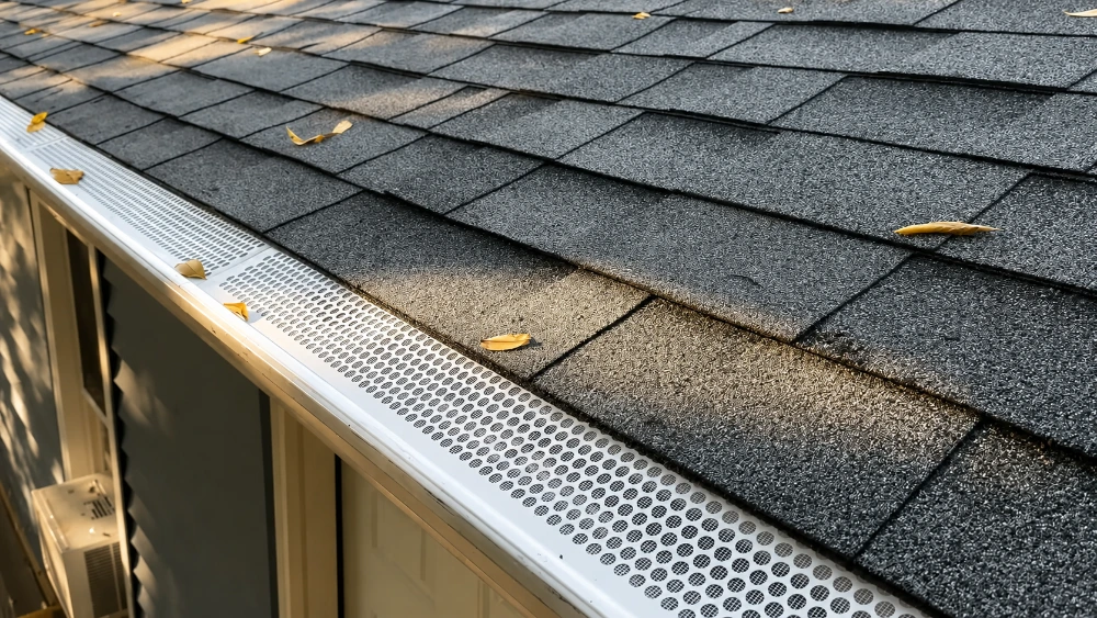 Gutter guards in Santa Barbara — micro-mesh guard blocking eucalyptus seed caps on a foothill home